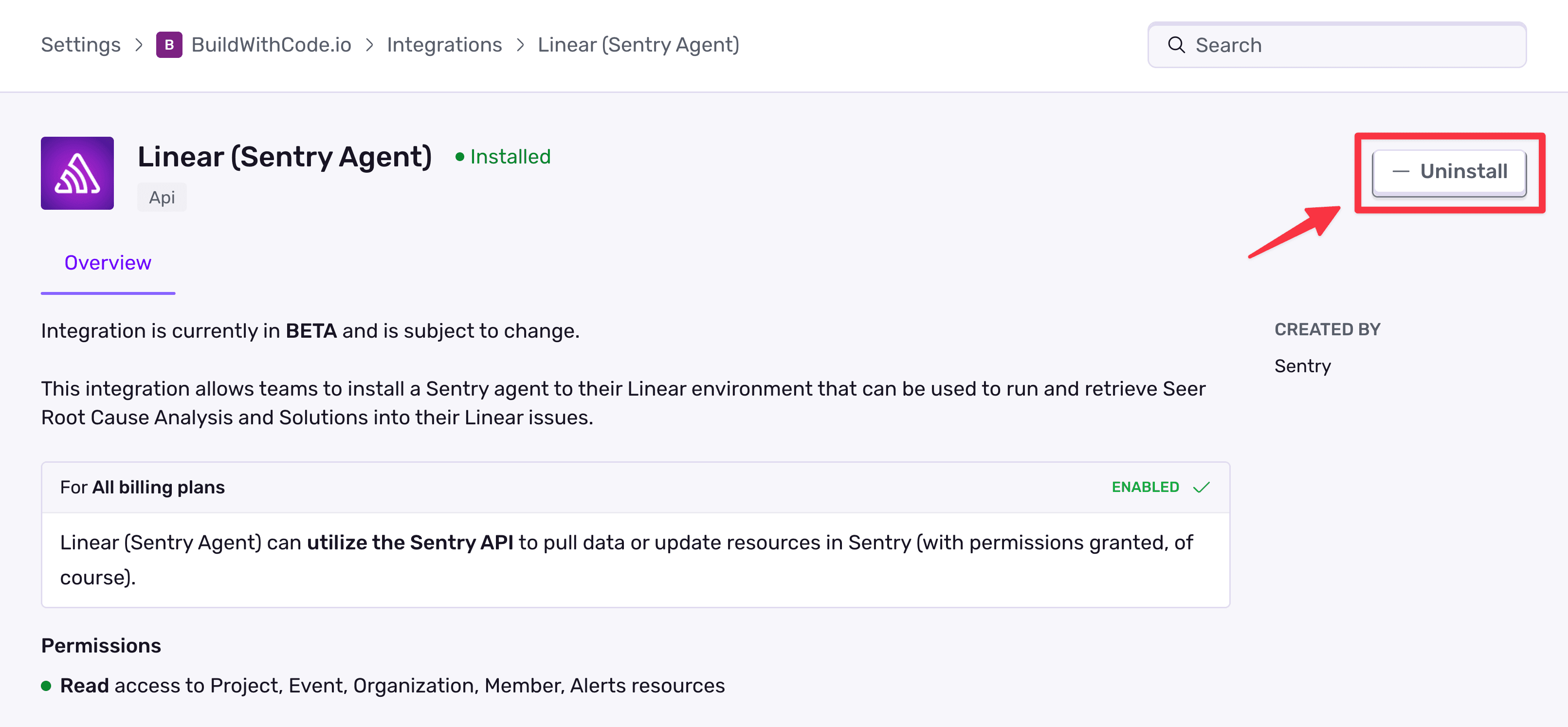 Uninstall Sentry from integrations