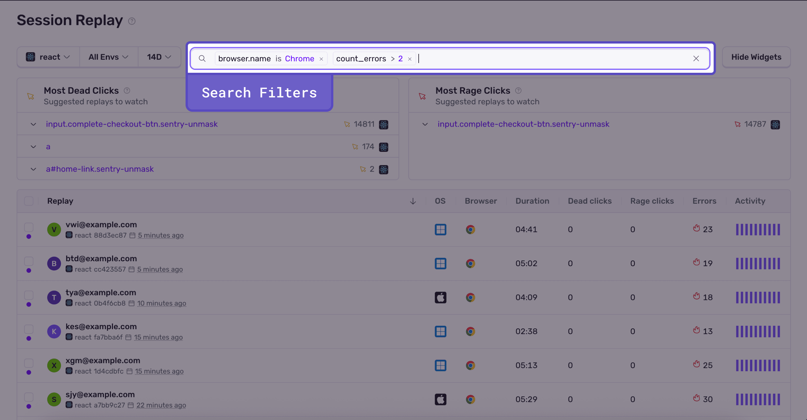 Highlight the Search Filters input on the Session Replay Index Page